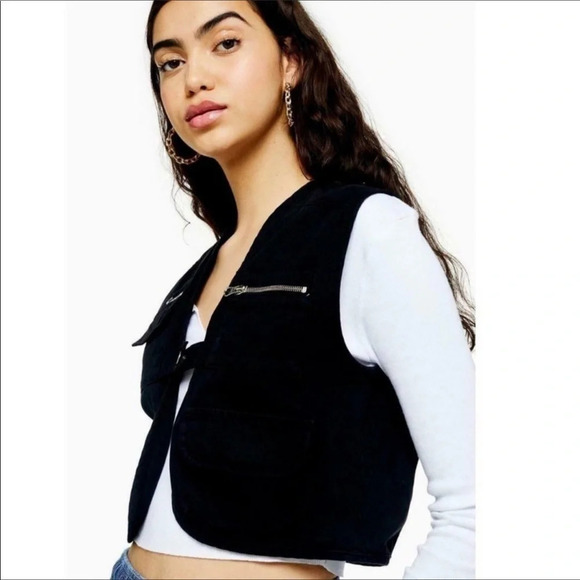 TopShop Short Fisherman Vest Black Gilet Cropped 4 - Picture 1 of 7